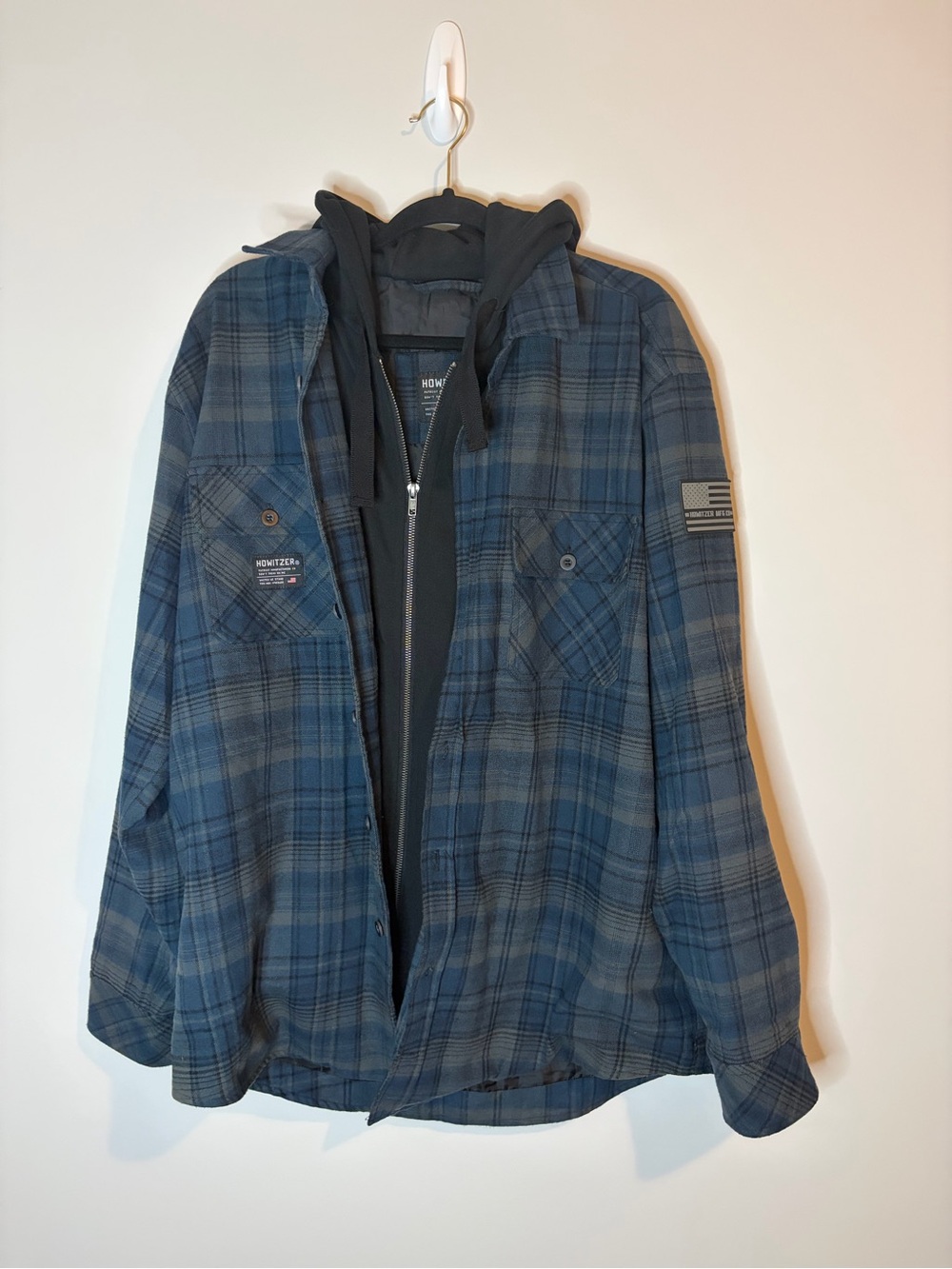 Howitzer Savage Hooded Flannel Shirt Jacket Navy Blue Plaid Men's XL Excellent